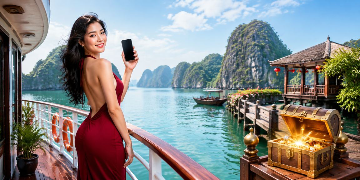 Người dùng Việt Nam chơi casino trên điện thoại với phong cảnh Hạ Long Bay