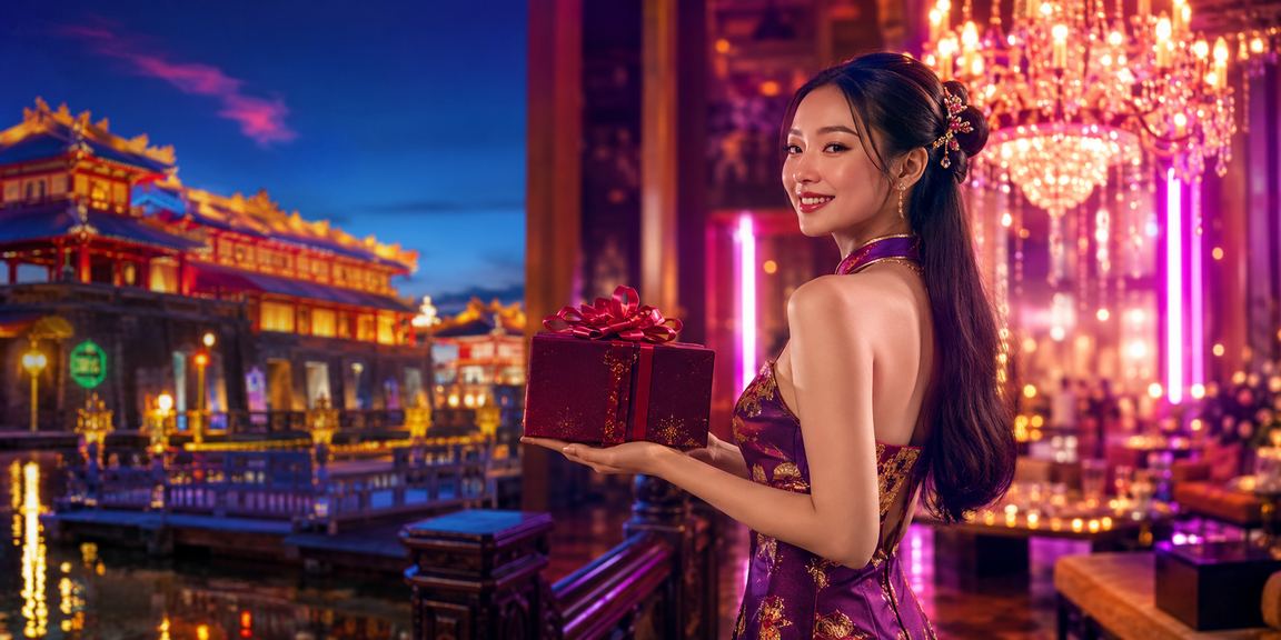 Không gian giải trí casino sôi động với đèn neon tại Huế về đêm