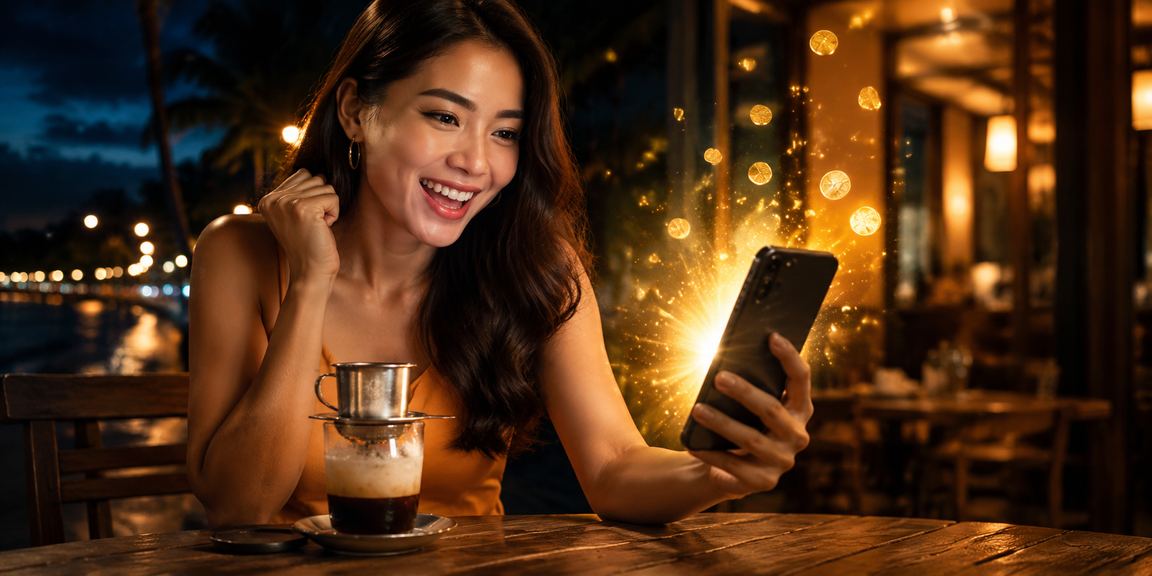Người dùng Mũi Né đăng ký tham gia chương trình giải thưởng và nhận thưởng bên cốc cà phê